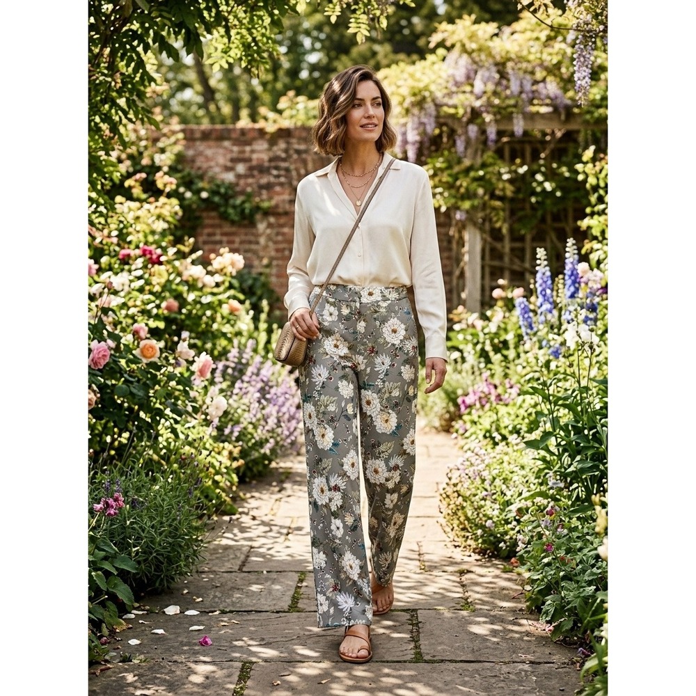 Zara Pants Women Basic Grey Floral Straight Leg Trousers Pants Women Peony Siz S